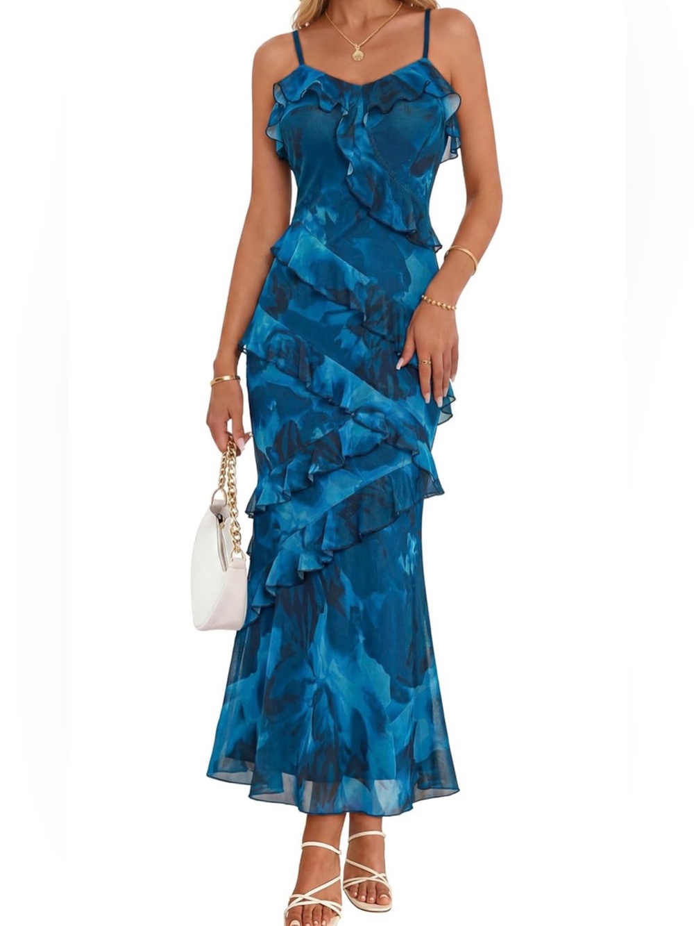 WORN ONCE - Teal Blue Ruffle Maxi Dress - Elegant Women's Evening Dress